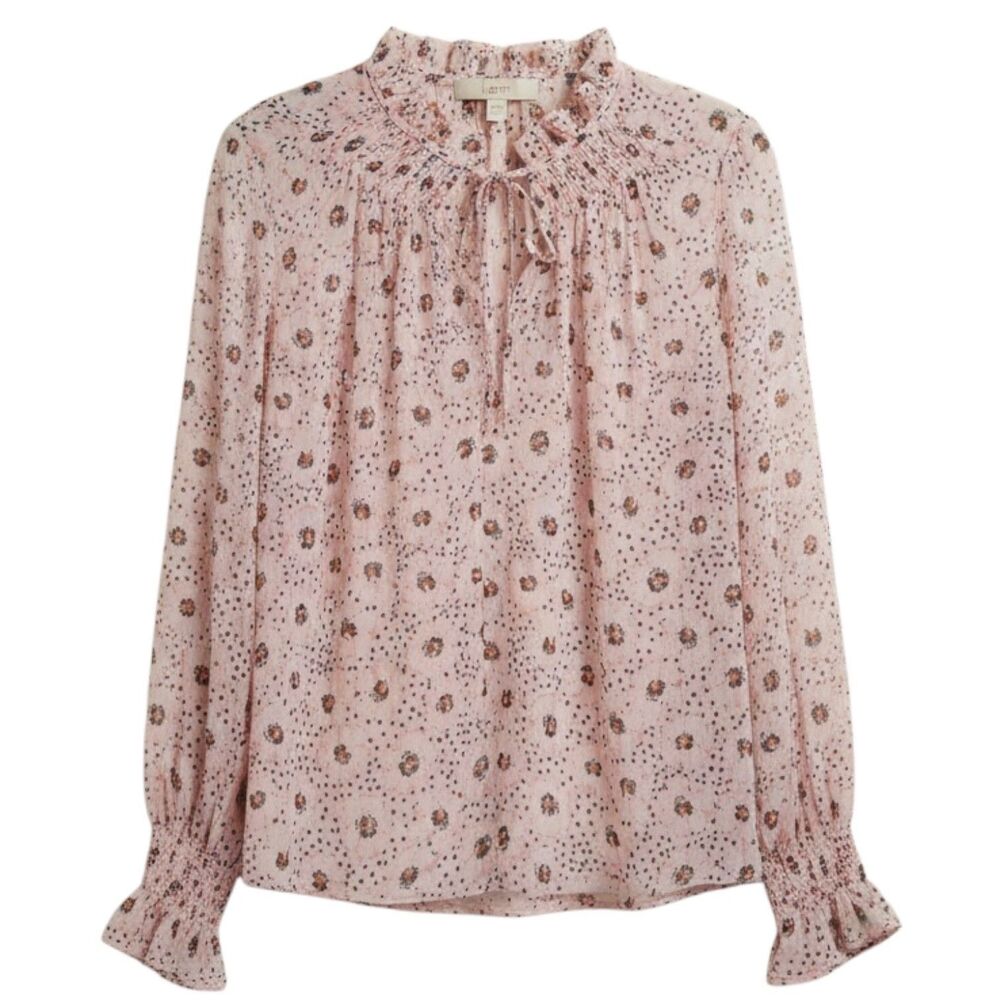 Loft Sheer Chiffon Blouse Top Shirt Smocked Ruffle Daisy Dot Peach L